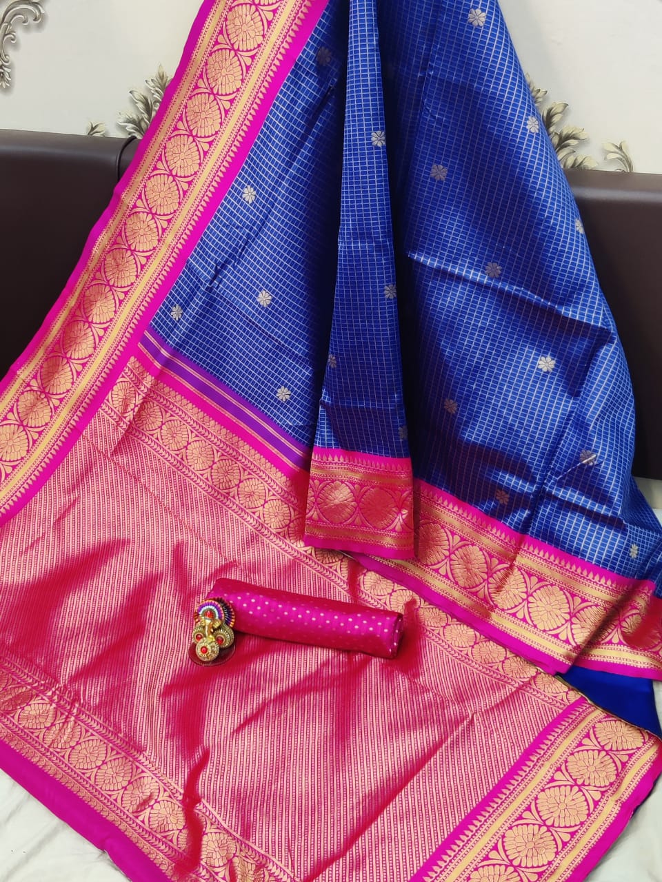 Wedding Blue Golden Kanjivaram Silk Saree For Women