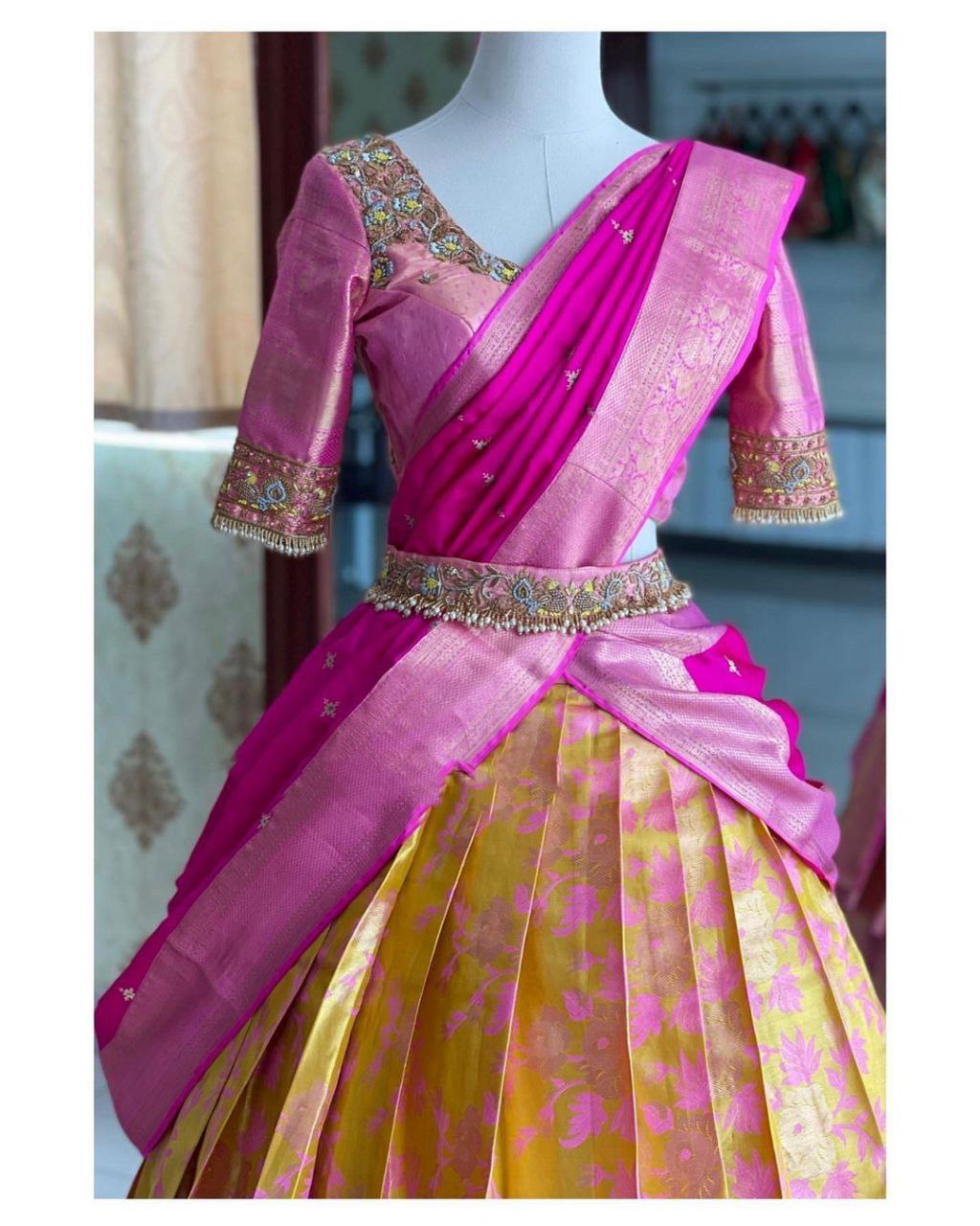 Pure Silk Yellow Pink Lehenga Choli And Blouse For Women