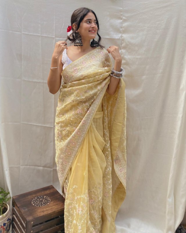 Yellow Aari Work Organza Saree with Digital Print and Arko Work Detail