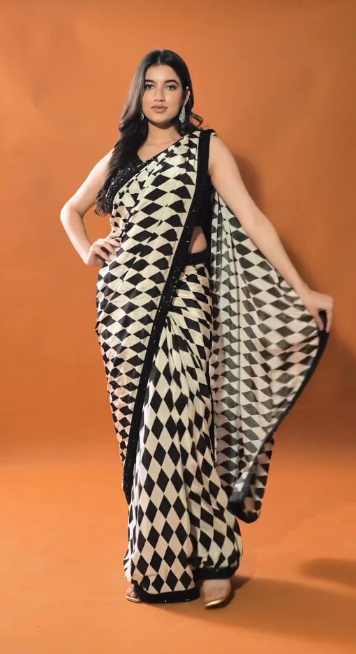 White And Black Colour Georgette Silk Sequence Saree