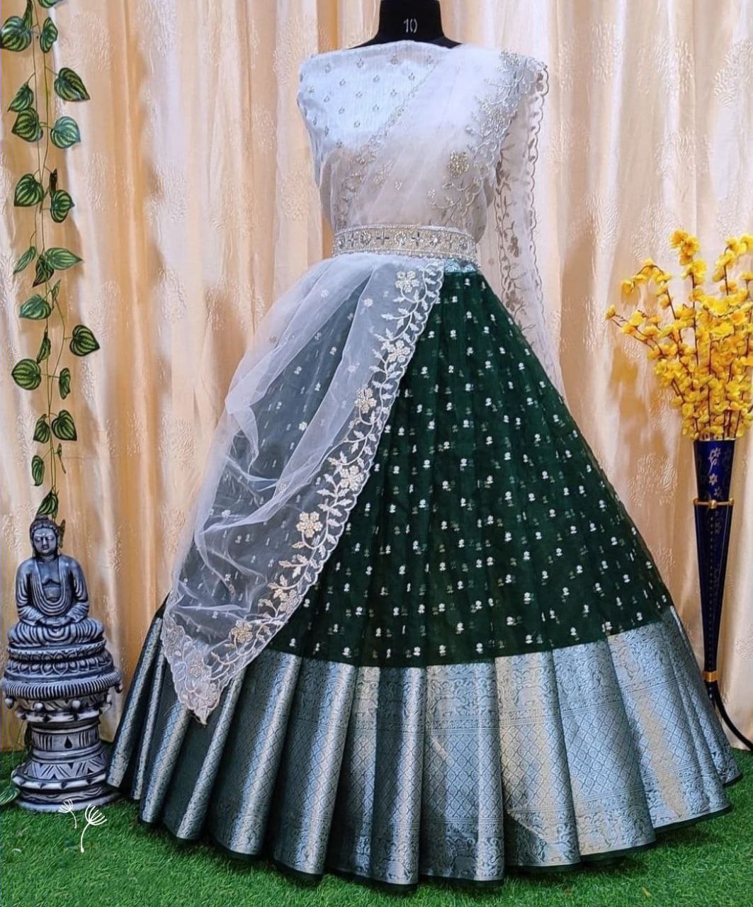 Kanjeevaram Silk Partywear Dark Green Lehenga Choli Dupatta Set