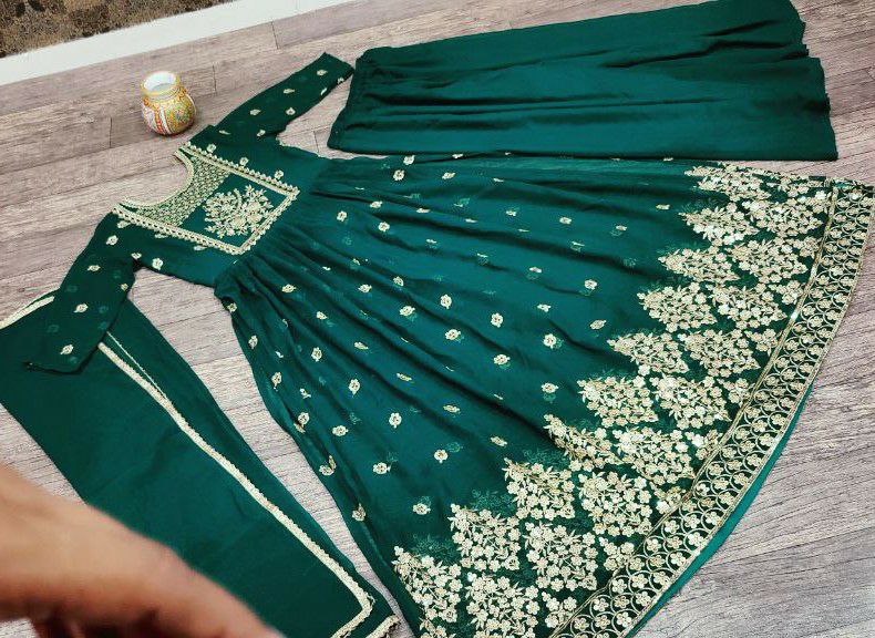 Dark Green Designer Long Suit Palazzo Set With Dupatta