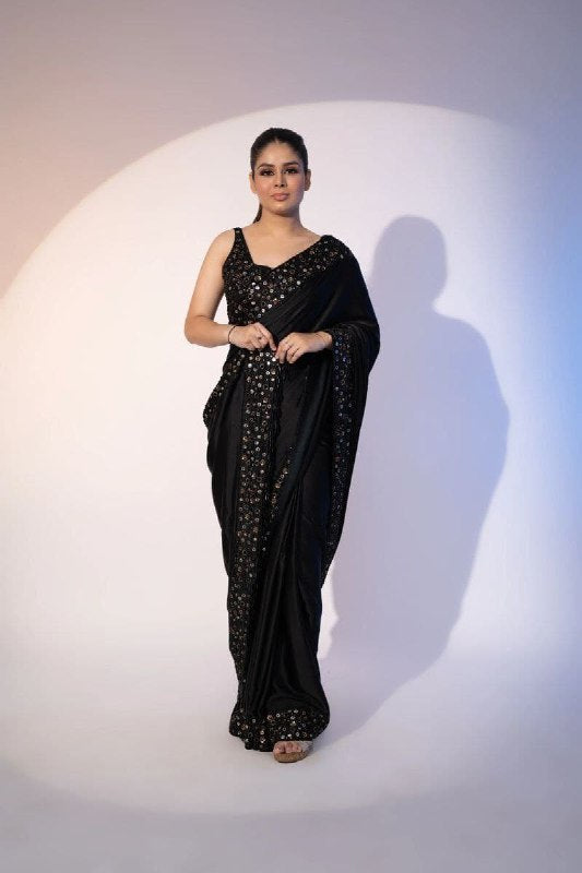 Party Special Black Sequence Work Soft Silk Saree