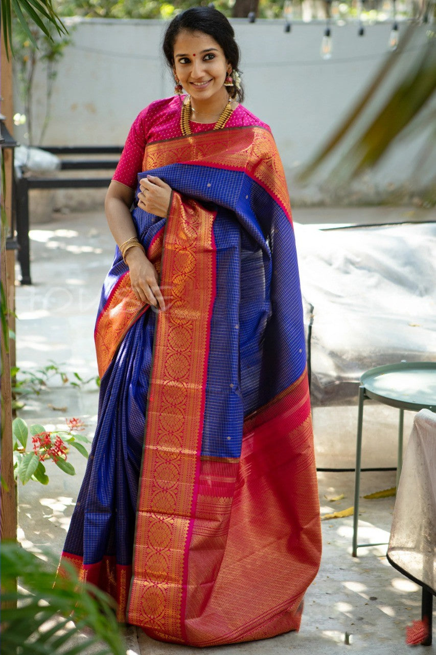 Wedding Blue Golden Kanjivaram Silk Saree For Women