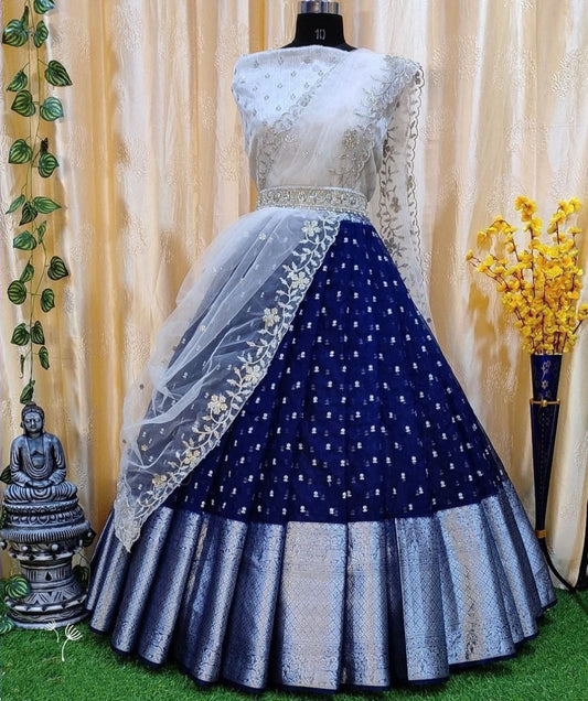 Kanjeevaram Silk Partywear Dark Blue Lehenga Choli Dupatta Set