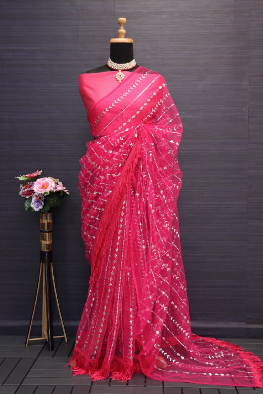 Bollywood Style Butterfly Net Saree With Lace Work For Women