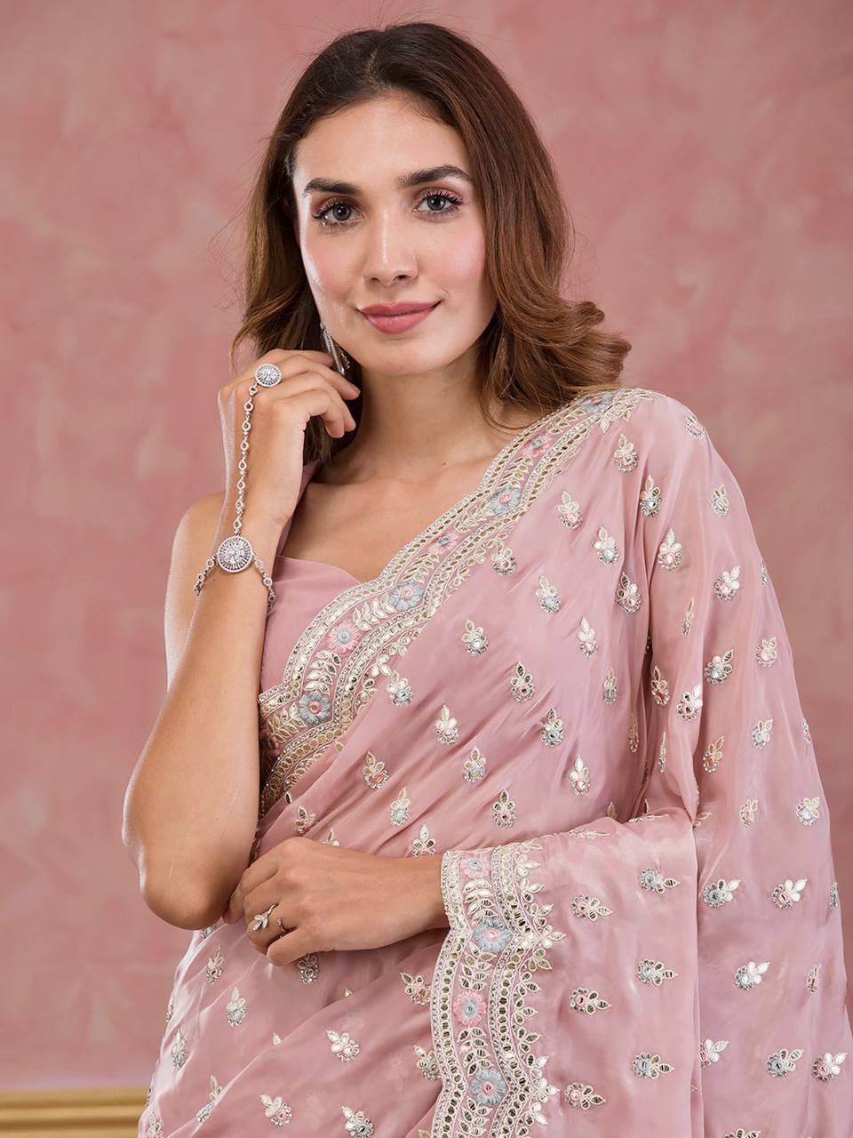 Pink Colour Silk Organza Designer Saree For Women