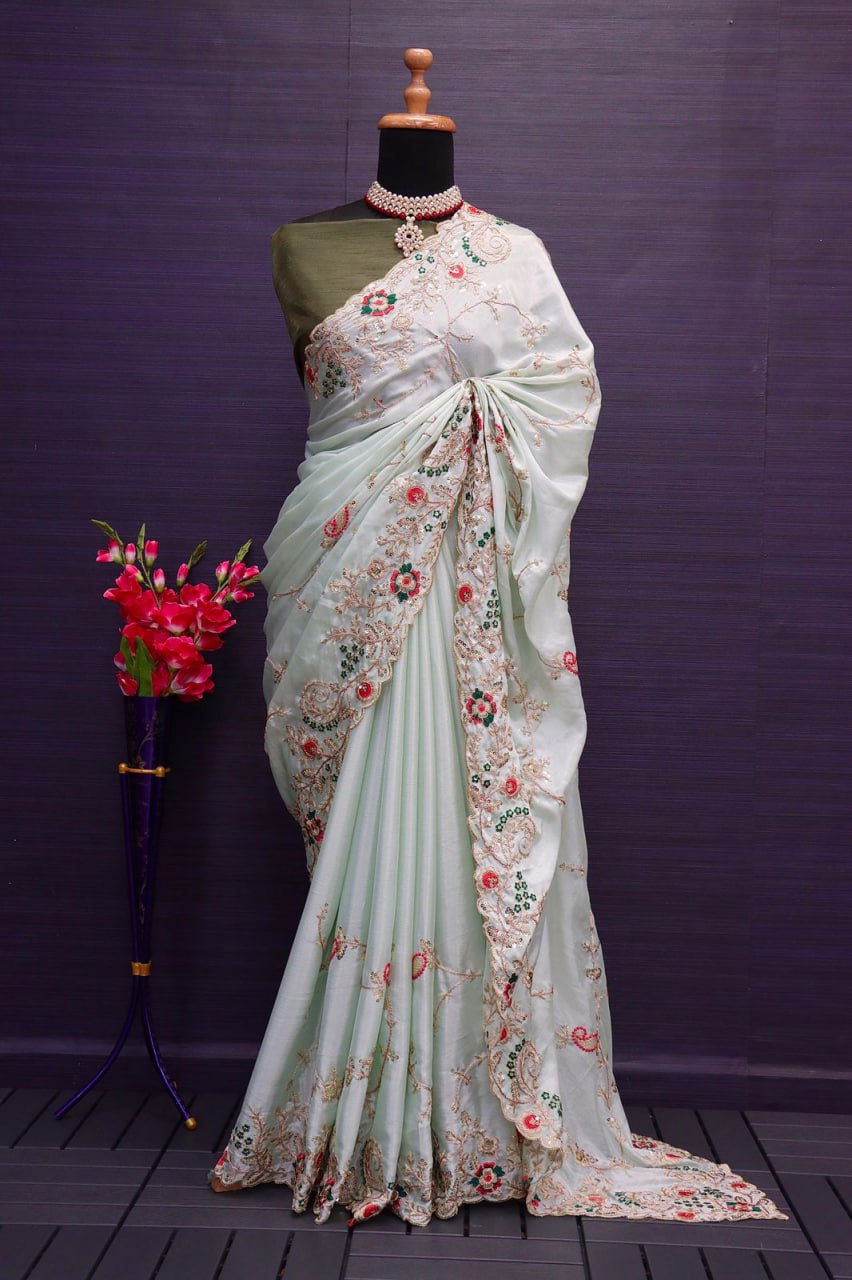 Silk Fabric With Sequins Embroidery work Saree For Women