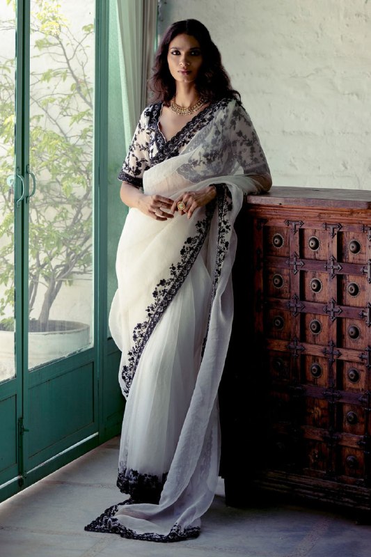 White Silk Sari With Sequins work Saree For Women