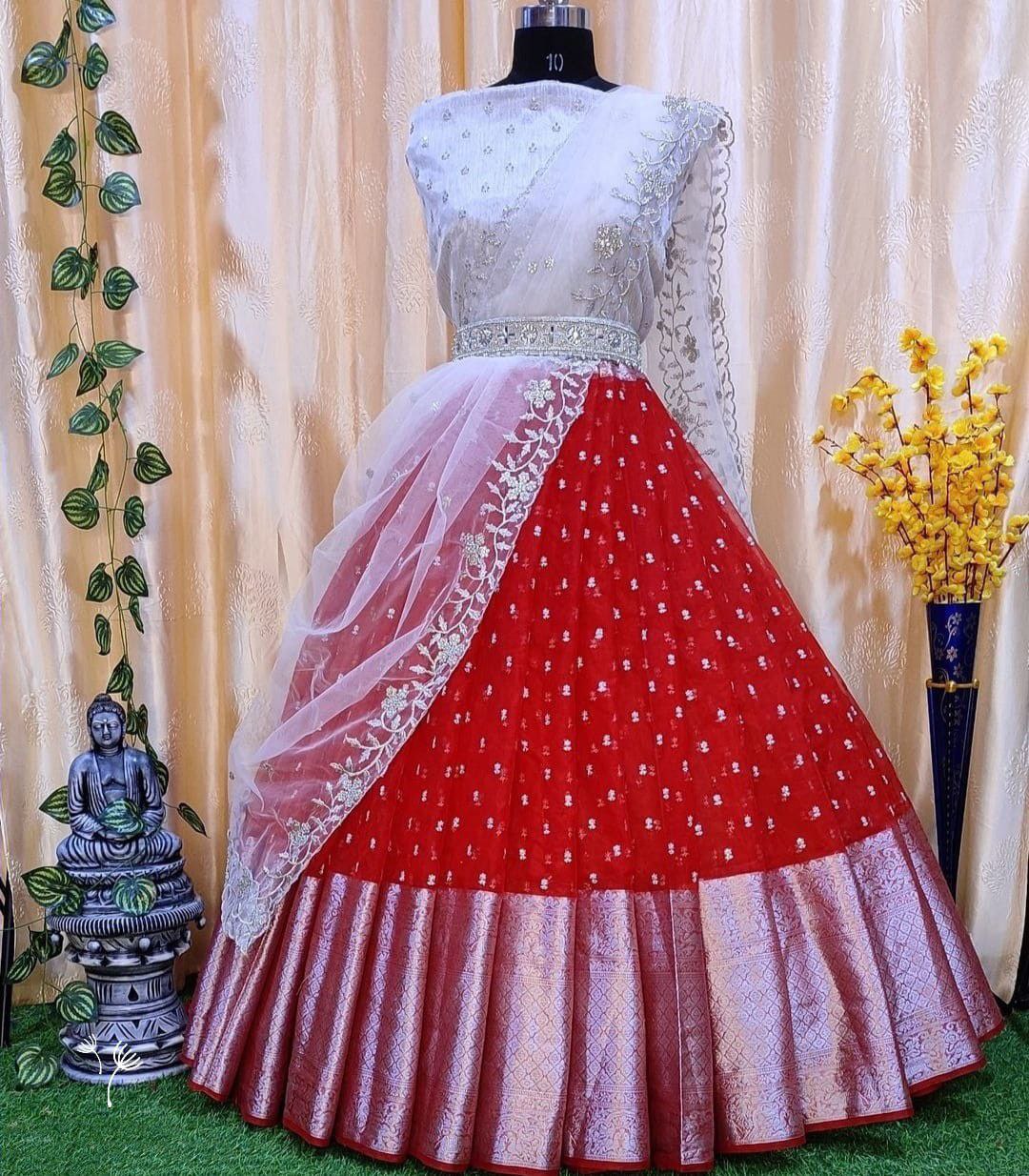 Kanjeevaram Silk Partywear Red Lehenga Choli Dupatta Set