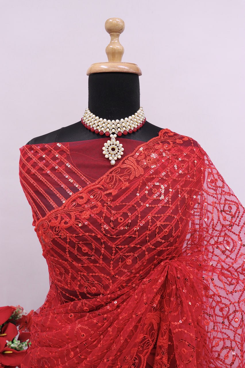 Beautiful soft net red saree for women