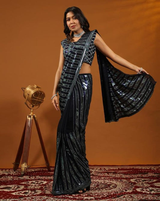 Silver Black Pure Georgette Sequins Partywear Saree For Women