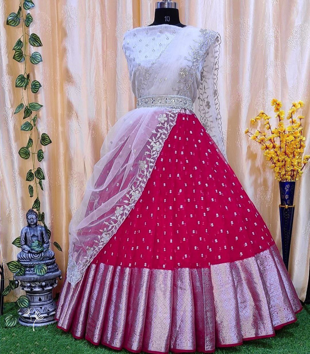Kanjeevaram Silk Partywear Pink Lehenga Choli Dupatta Set