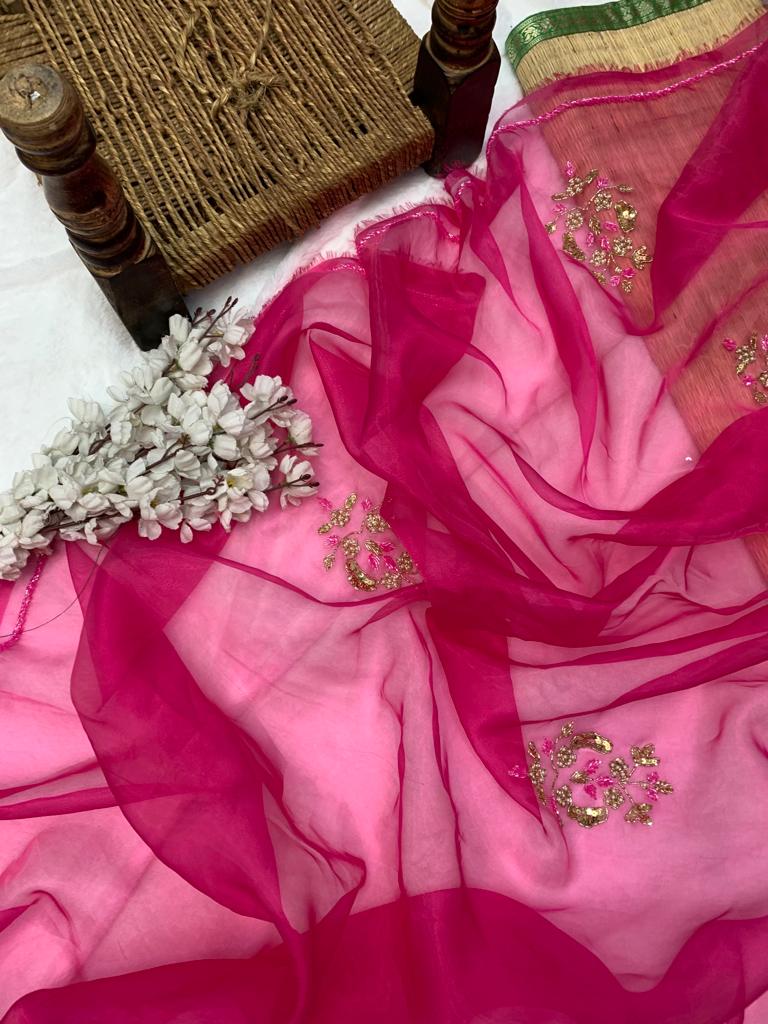 Pink Organza Silk Saree For Women