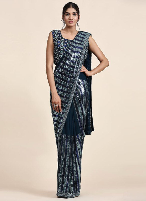 Silver Black Pure Georgette Sequins Partywear Saree For Women