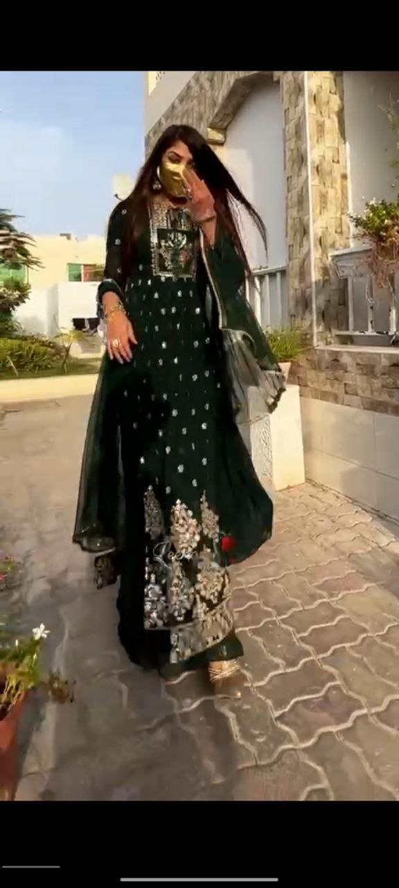 Dark Green Designer Long Suit Palazzo Set With Dupatta