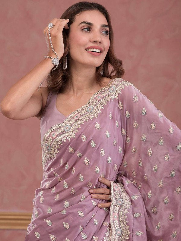 Pink Colour Silk Organza Designer Saree For Women