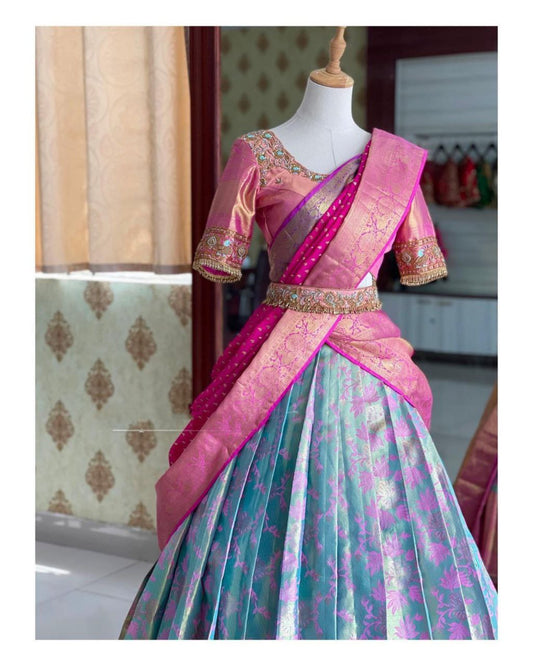 Pure Silk Blue Pink Lehenga Choli For Women