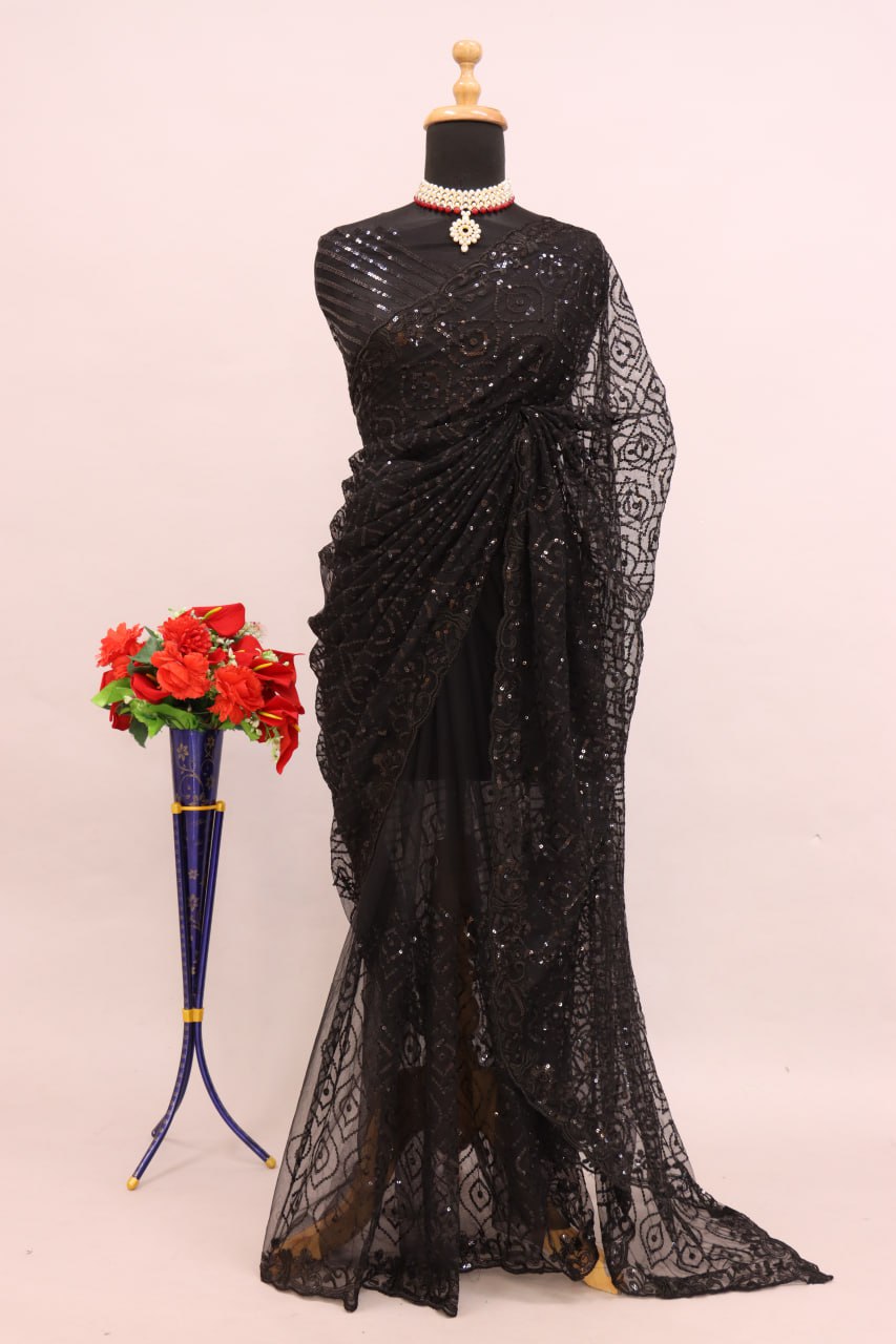Black Nylon Butterfly Net Sequence Work Saree