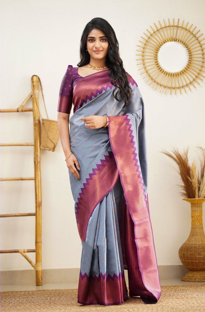 Blue Purple Color Wedding wear Printed Silk Saree