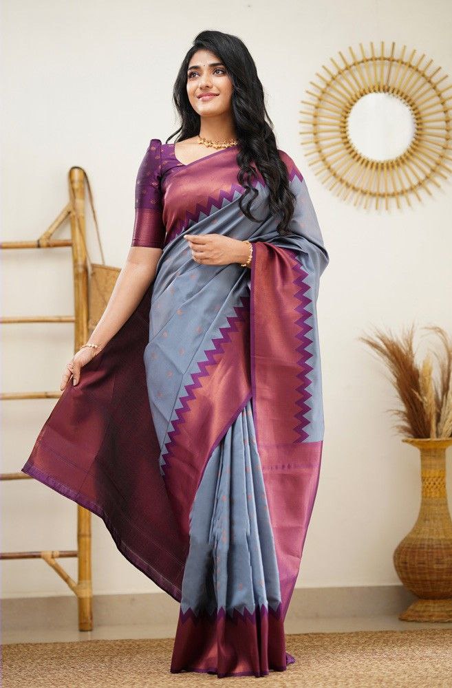 Blue Purple Color Wedding wear Printed Silk Saree