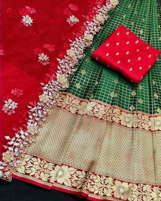 Red Half Saree Lehenga Choli with Net Dupatta