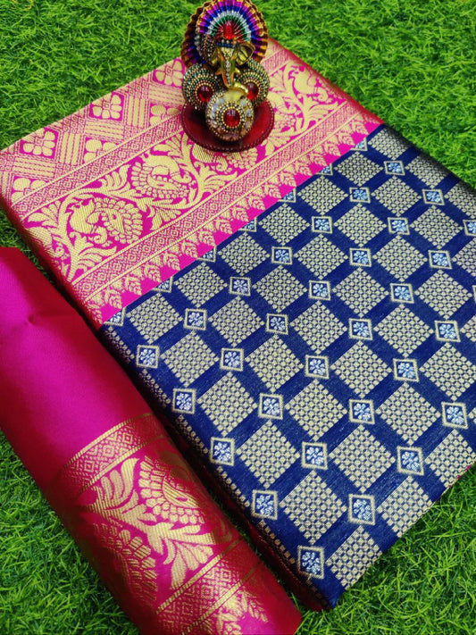 Partywear Blue Pure Silk Kanjeevaram Saree for Women