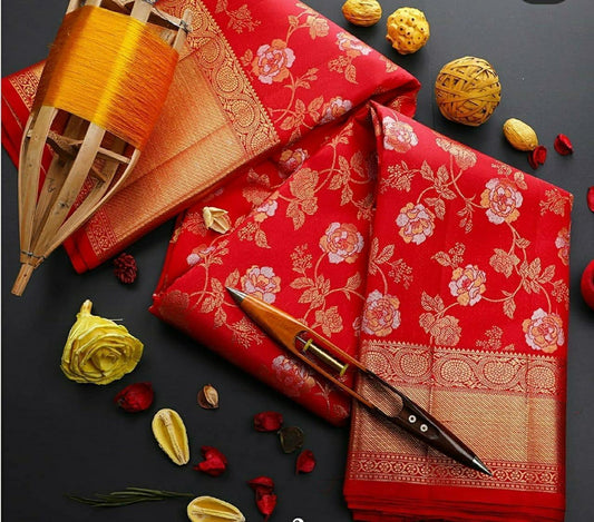 Red Rose Soft Lichi Silk Saree For Women