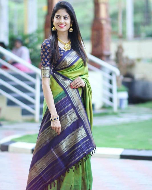 Parrot green Kanchipuram pure silk saree with royal blue border