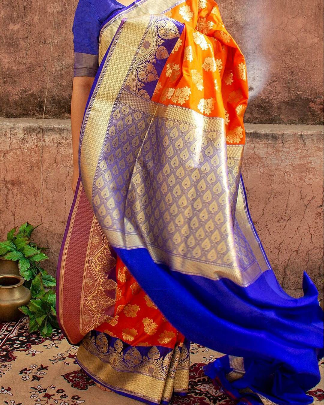 Orange Bridal wear Kanchipuram Silk Saree For Women