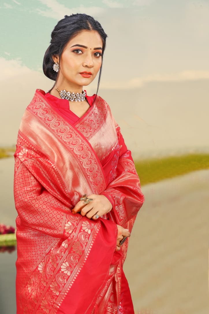 Red color soft banarasi silk saree with zari work