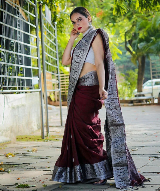 Wine Color Banarasi Silk Saree With Printed Blouse