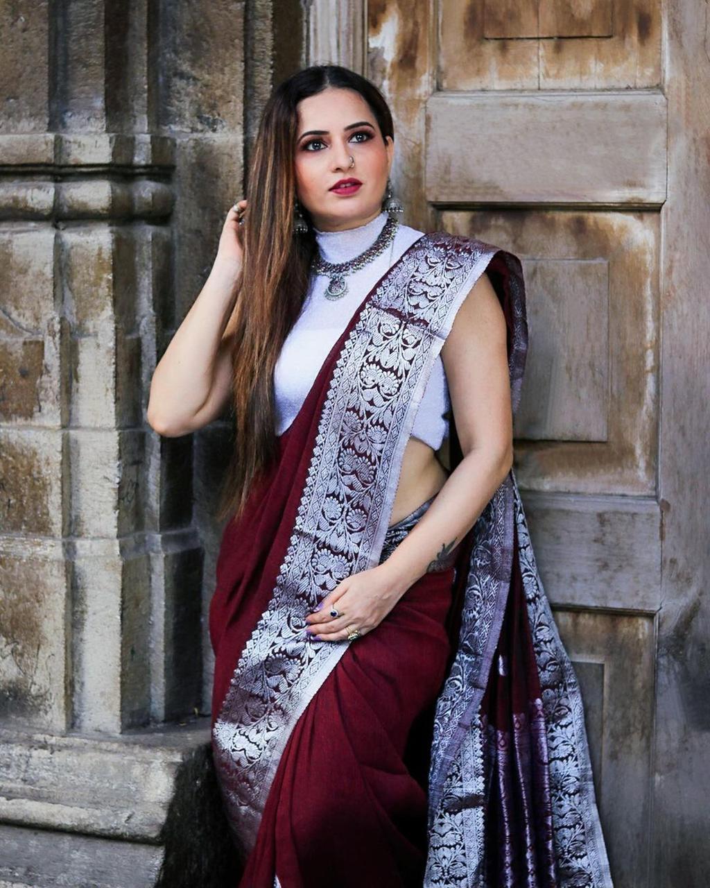 Wine Color Banarasi Silk Saree With Printed Blouse