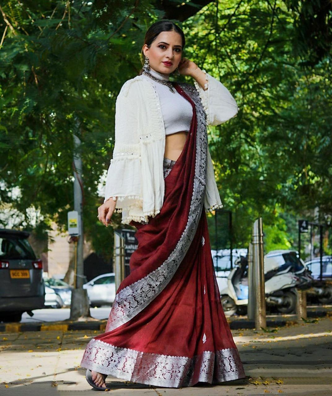 Wine Color Banarasi Silk Saree With Printed Blouse