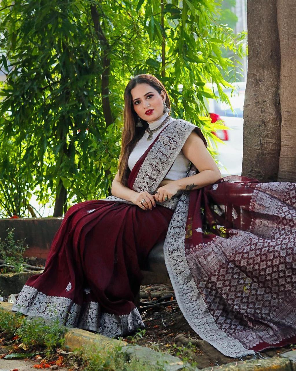 Wine Color Banarasi Silk Saree With Printed Blouse