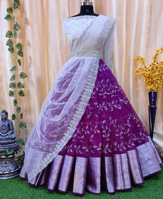 Wedding Lehenga choli with Kanjivaram Silk Silver Zari Work