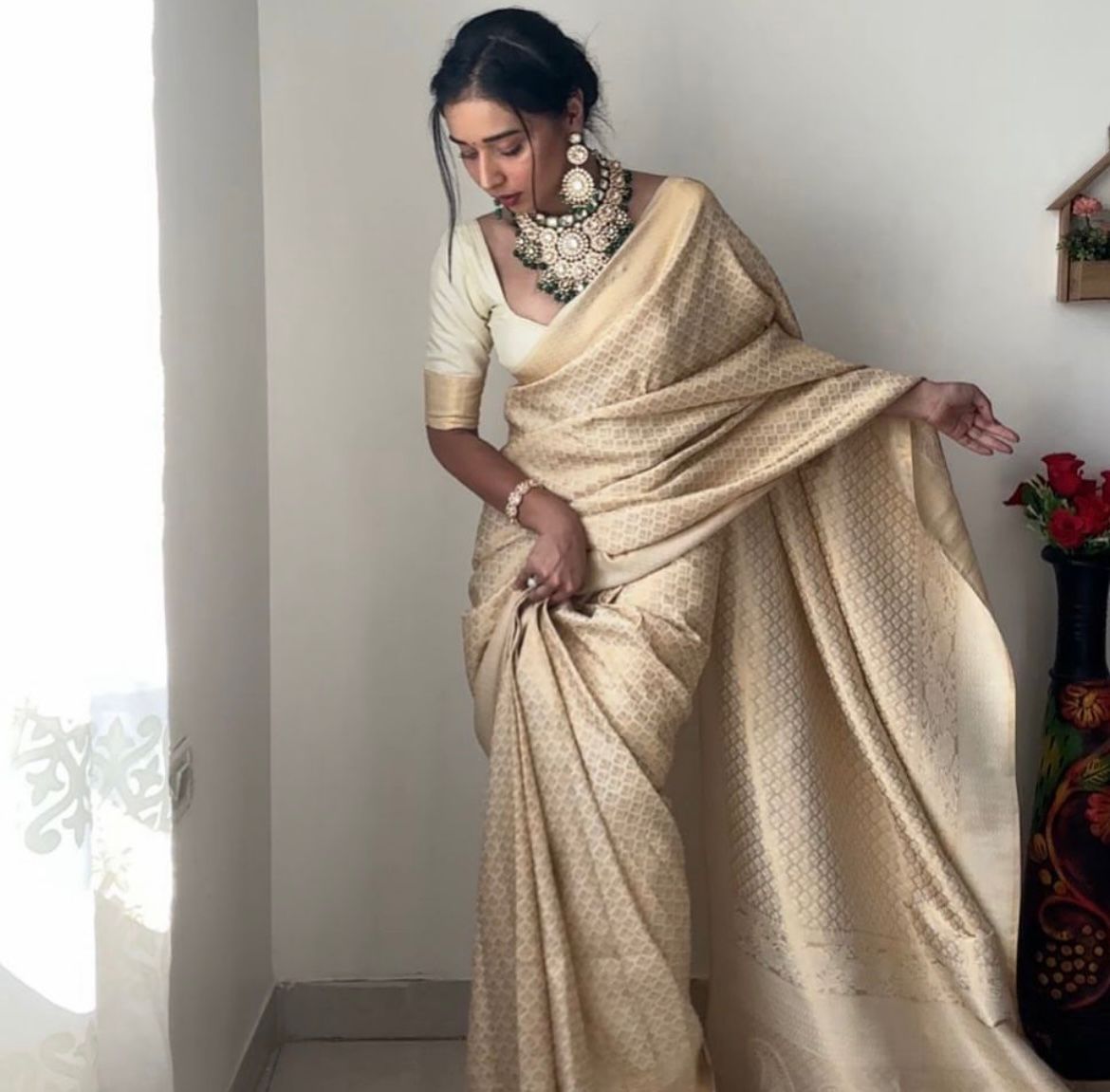 One Minute Ready To Wear Beige Kanjivaram Silk Saree
