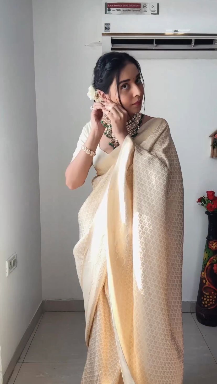 One Minute Ready To Wear Beige Kanjivaram Silk Saree
