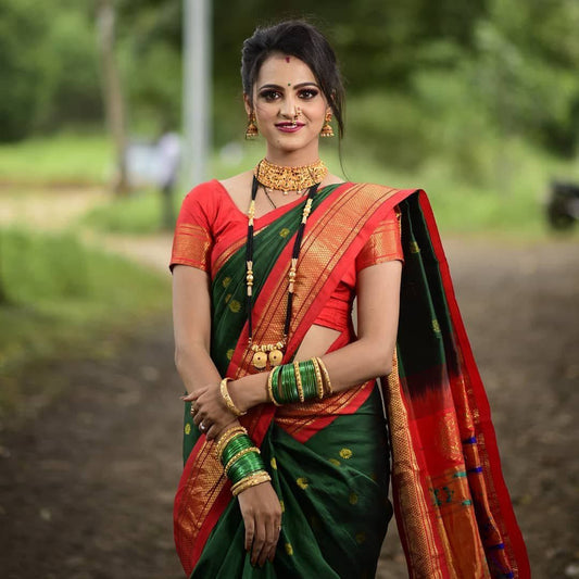 Green Paithani Silk Saree With Ethnic Blouse Piece