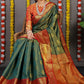 Bottle Green & Rust Orange Banarasi Silk Saree with Rich Golden Zari Weaving