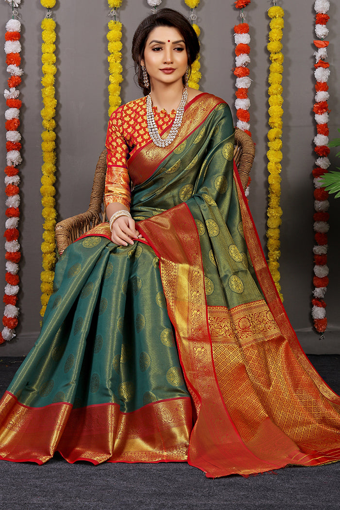 Bottle Green & Rust Orange Banarasi Silk Saree with Rich Golden Zari Weaving
