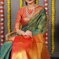 Bottle Green & Rust Orange Banarasi Silk Saree with Rich Golden Zari Weaving