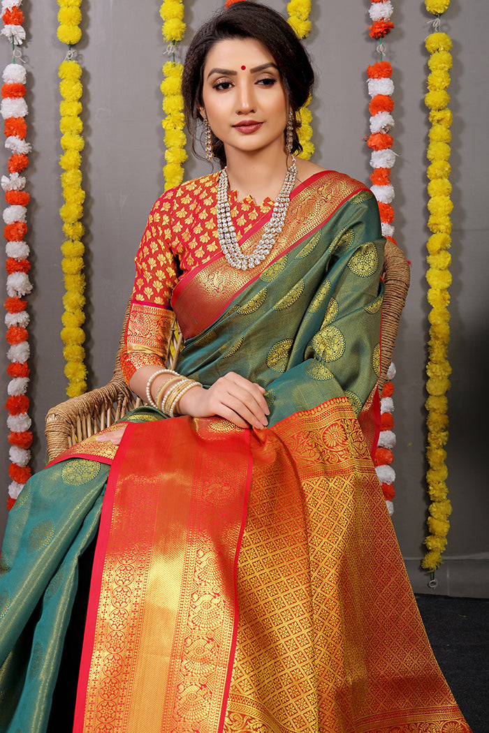 Bottle Green & Rust Orange Banarasi Silk Saree with Rich Golden Zari Weaving