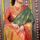 Bottle Green & Rust Orange Banarasi Silk Saree with Rich Golden Zari Weaving
