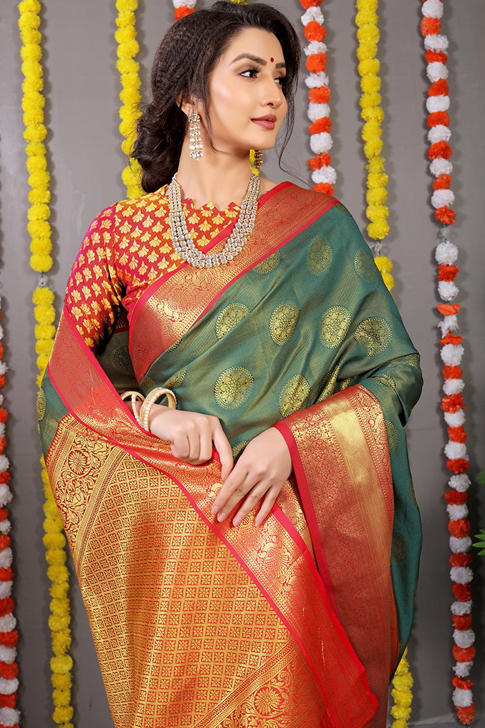 Bottle Green & Rust Orange Banarasi Silk Saree with Rich Golden Zari Weaving