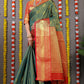 Bottle Green & Rust Orange Banarasi Silk Saree with Rich Golden Zari Weaving
