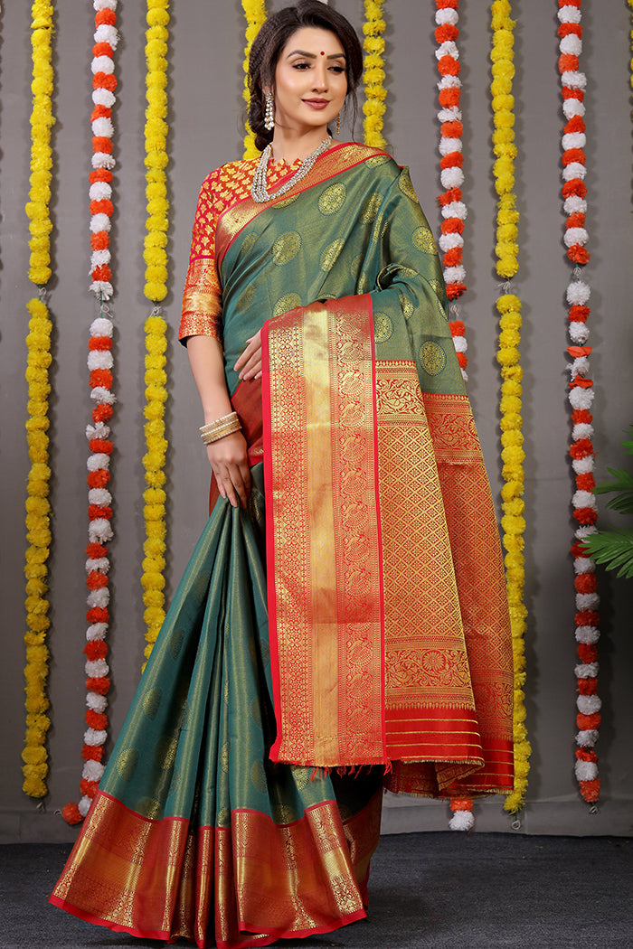 Bottle Green & Rust Orange Banarasi Silk Saree with Rich Golden Zari Weaving