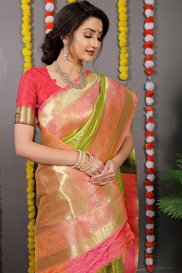 Parrot Green Banarasi Silk Saree with Golden Zari Work and Red Contrast Blouse