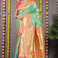 Sea Green Banarasi Silk Saree with Gold Zari Motifs and Pink Contrast Blouse