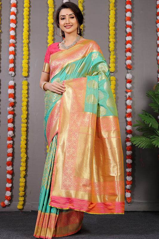 Sea Green Banarasi Silk Saree with Gold Zari Motifs and Pink Contrast Blouse